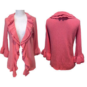 Escada Sport Silk Cashmere Blend Pink Ribbed Ruffled Cardigan Sweater, Sz Small